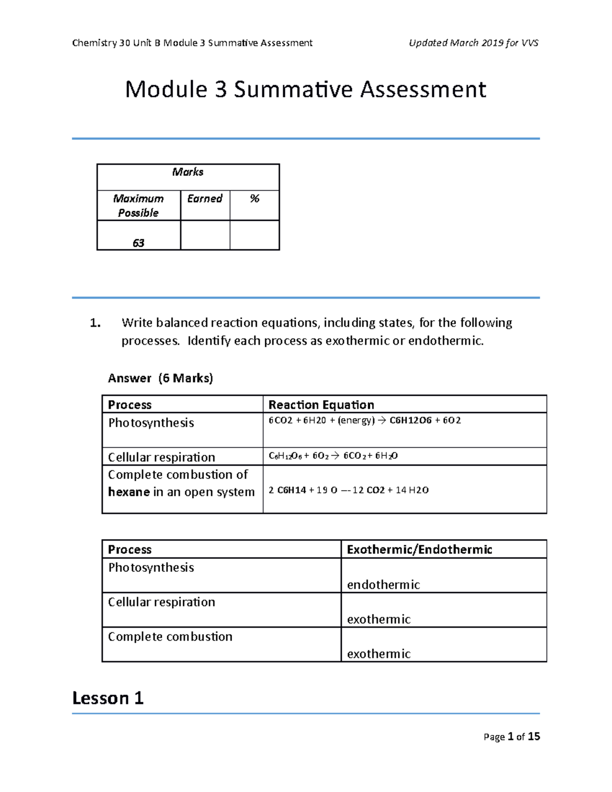 VVS Module 3 Summative Assessment - Write Balanced Reaction Equations ...