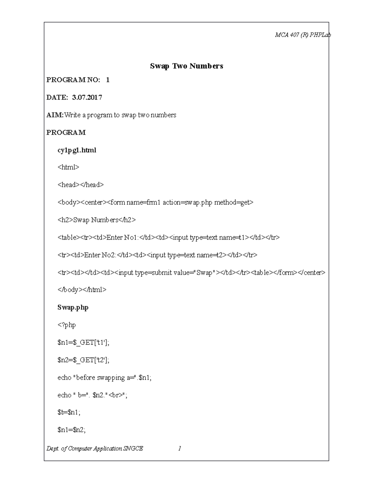 mca-407-php-lab-original-swap-two-numbers-program-no-1-date-3-aim-write-a-program-to-swap