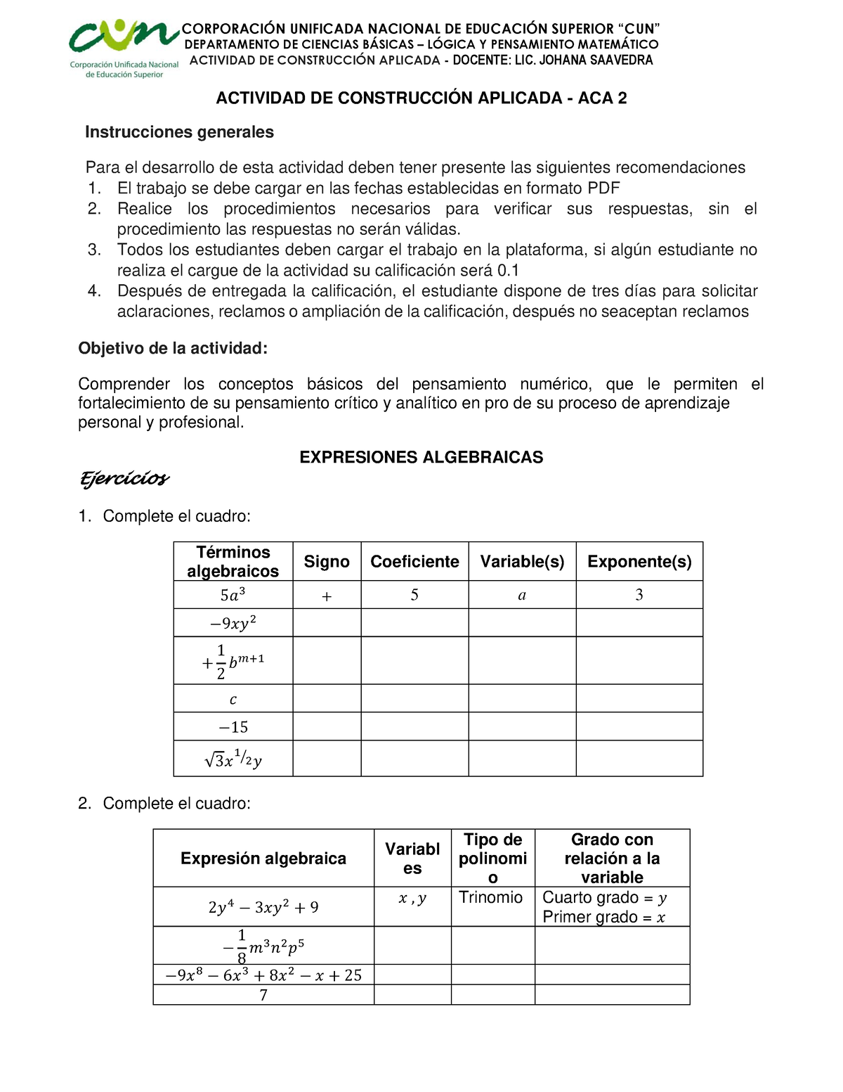 ACA 2 Matematicas - Ejercicios De Algebra - CORPORACI”N UNIFICADA ...