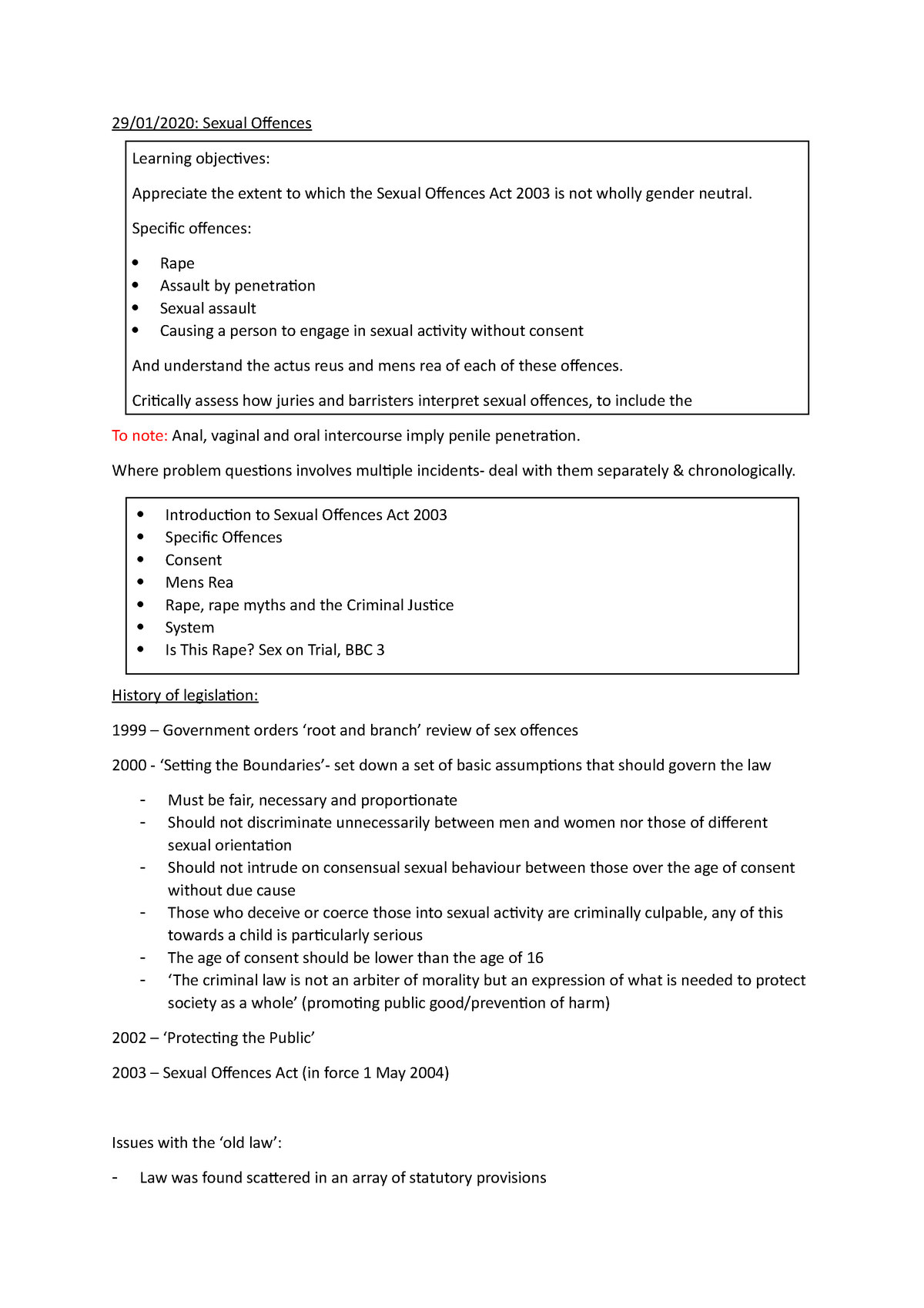 Sexual Offences Lecture Notes 29012020 Sexual Offences To Note Anal Vaginal And Oral 3155