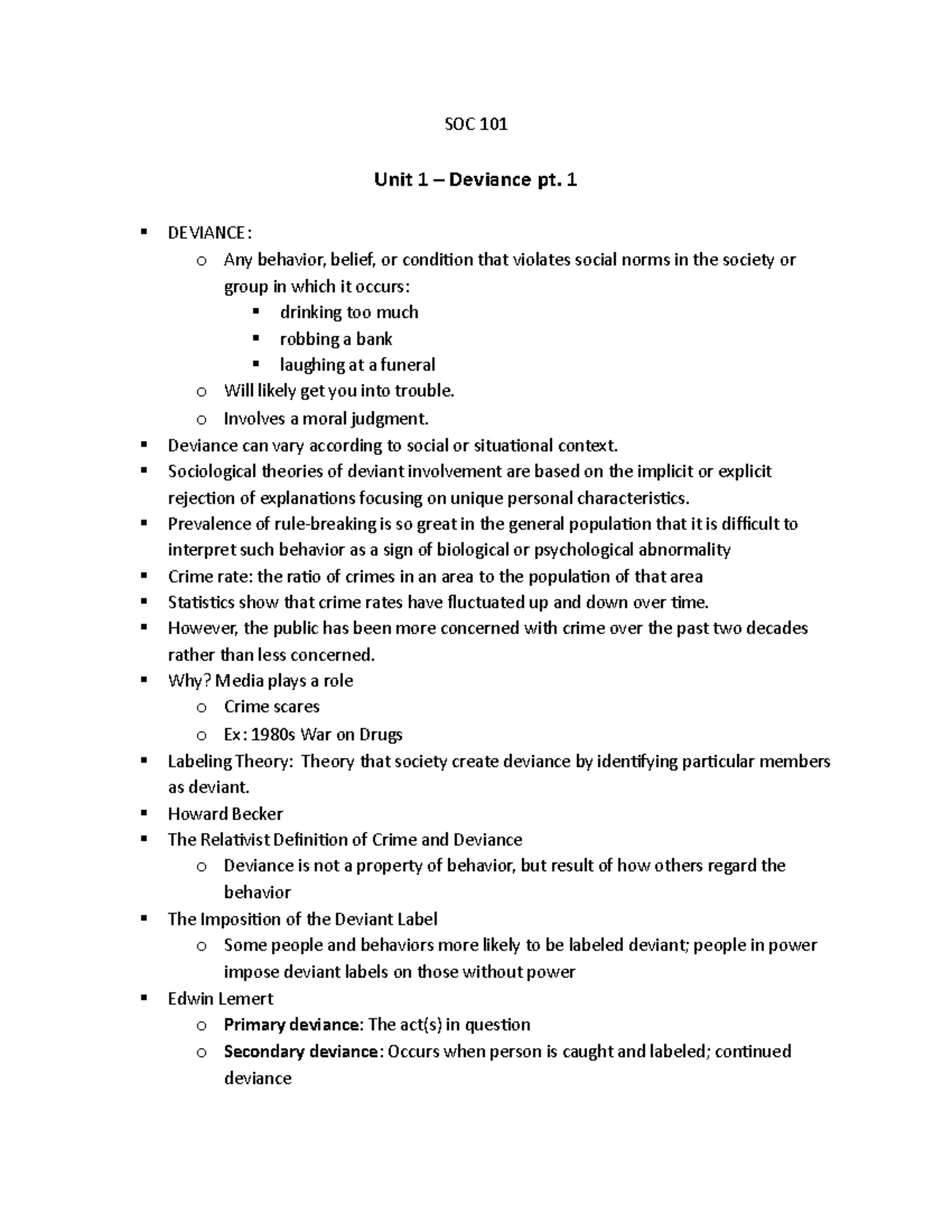 SOC 101 Class 1 - Lecture Notes 1 - SOC 101 Unit 1 Deviance Pt. 1 ...