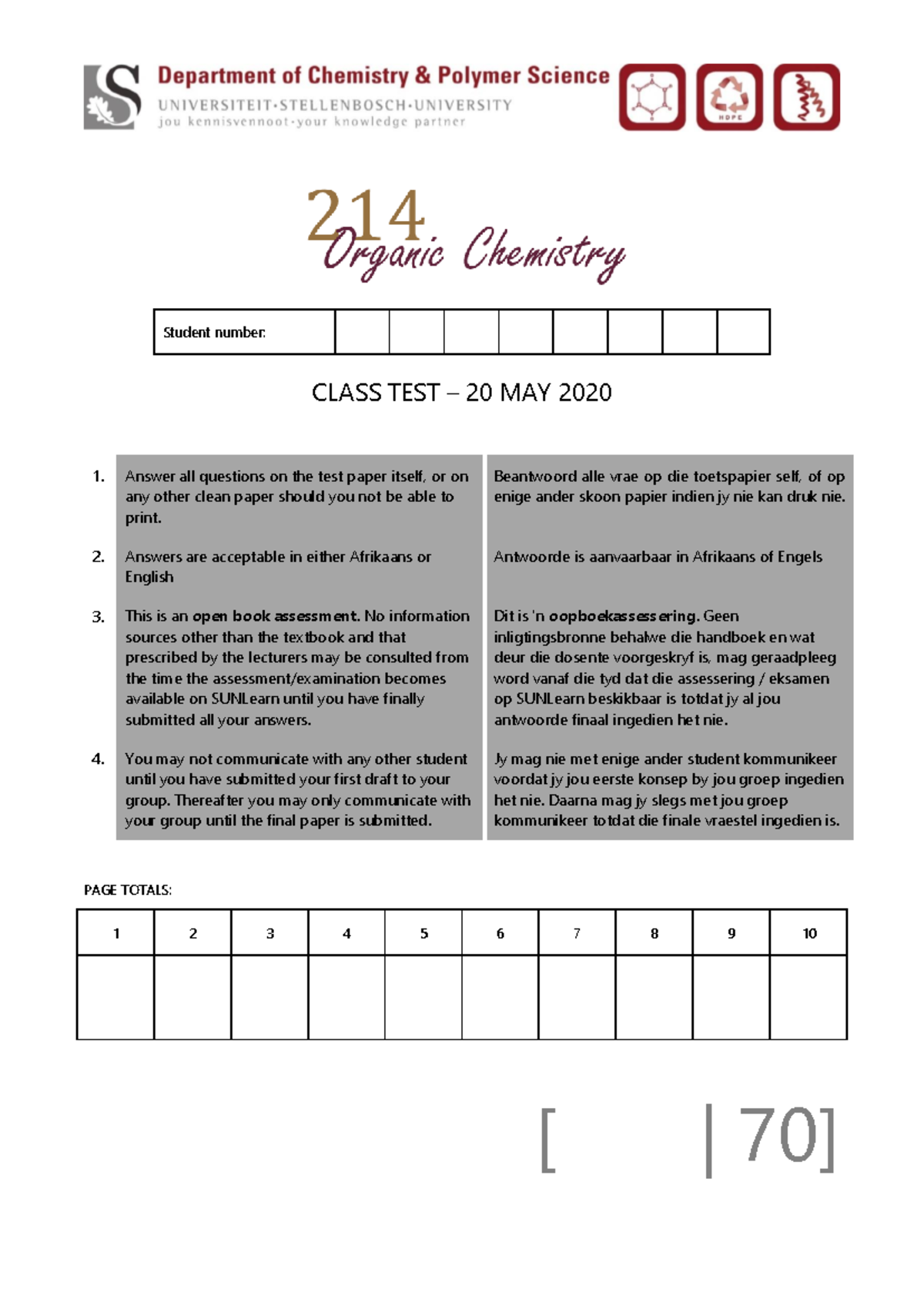 2020 Class Test - EXAM 2020 - Student number: CLASS TEST – 20 MAY 2020 ...
