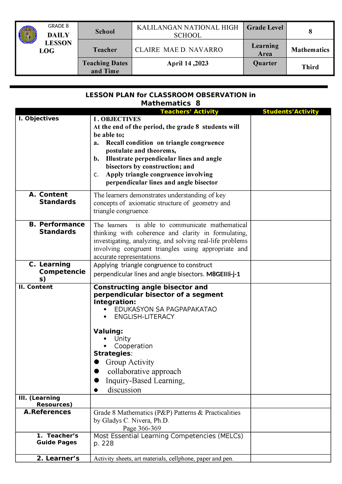 Dlp Math 8 April 13 - Grade 8 Daily Lesson Log School Kalilangan 