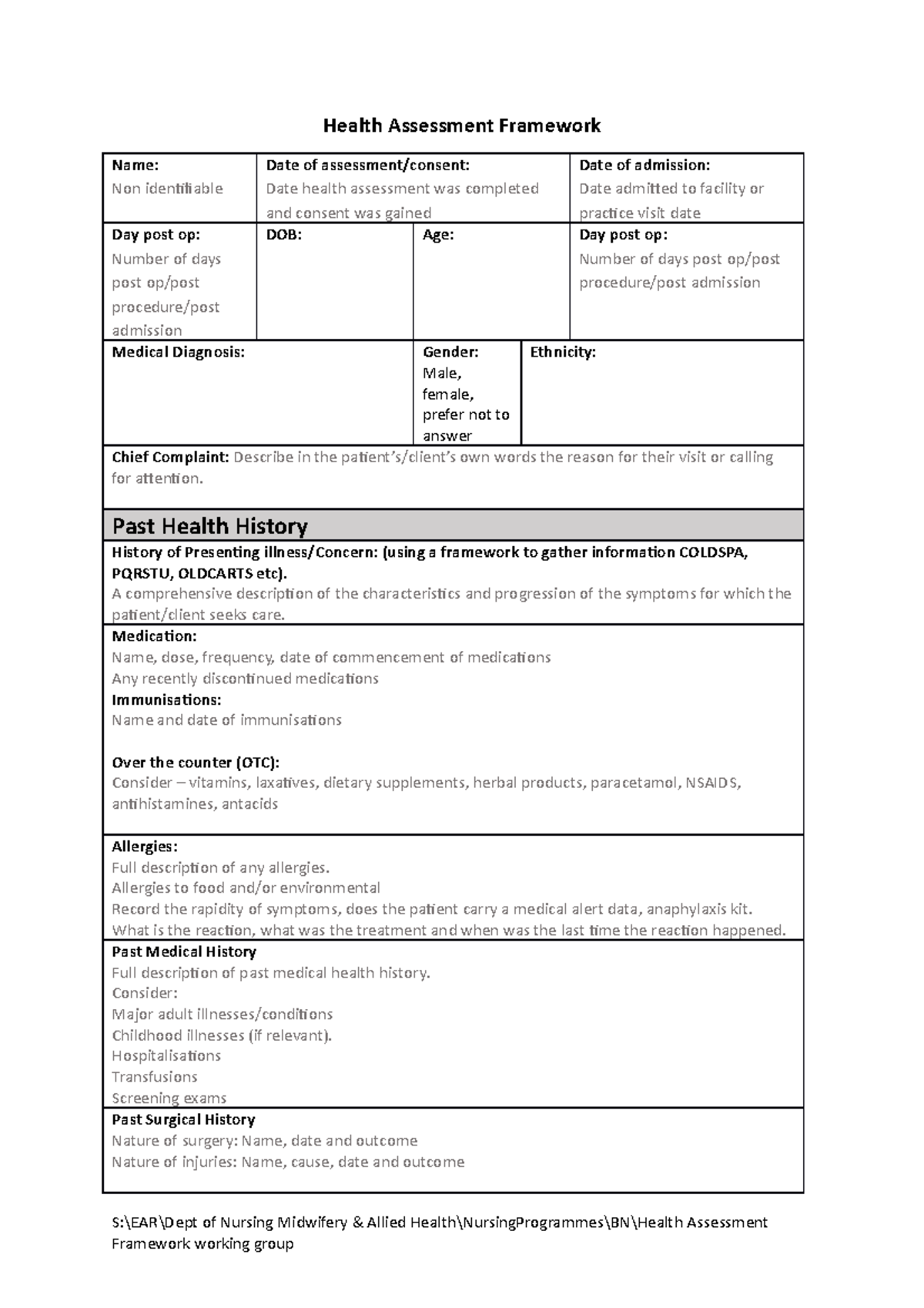 Health Assessment Framework Guide Health Assessment Framework Name 