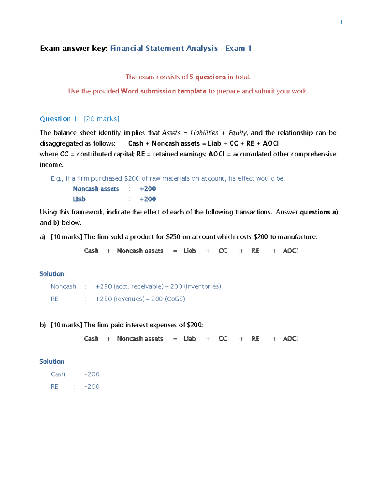 Exam 1 Answers Financial Statement Analysis Exam answer key
