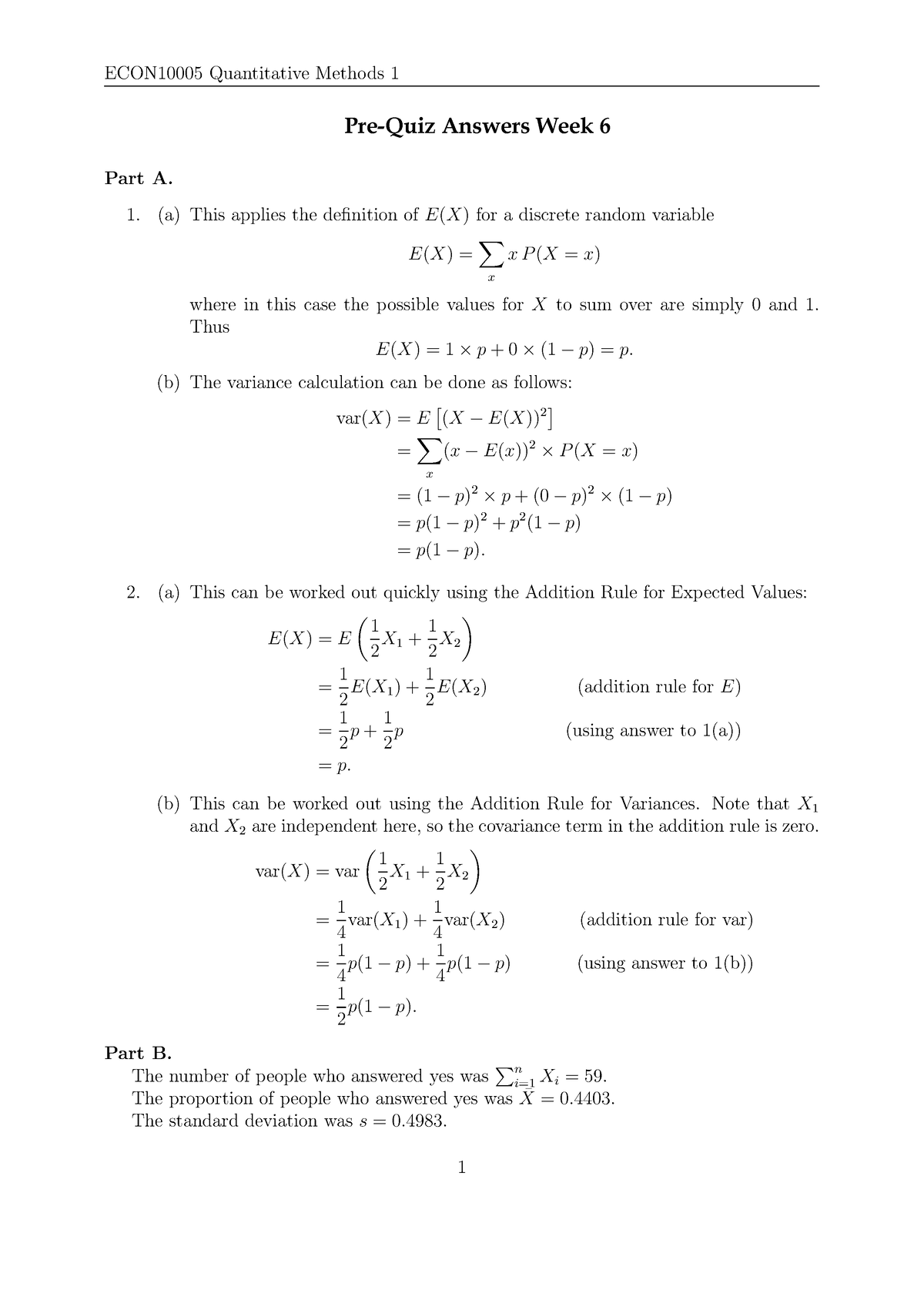 Pre-Quiz Week 6Answers - ECON10005 Quantitative Methods 1 Pre-Quiz ...