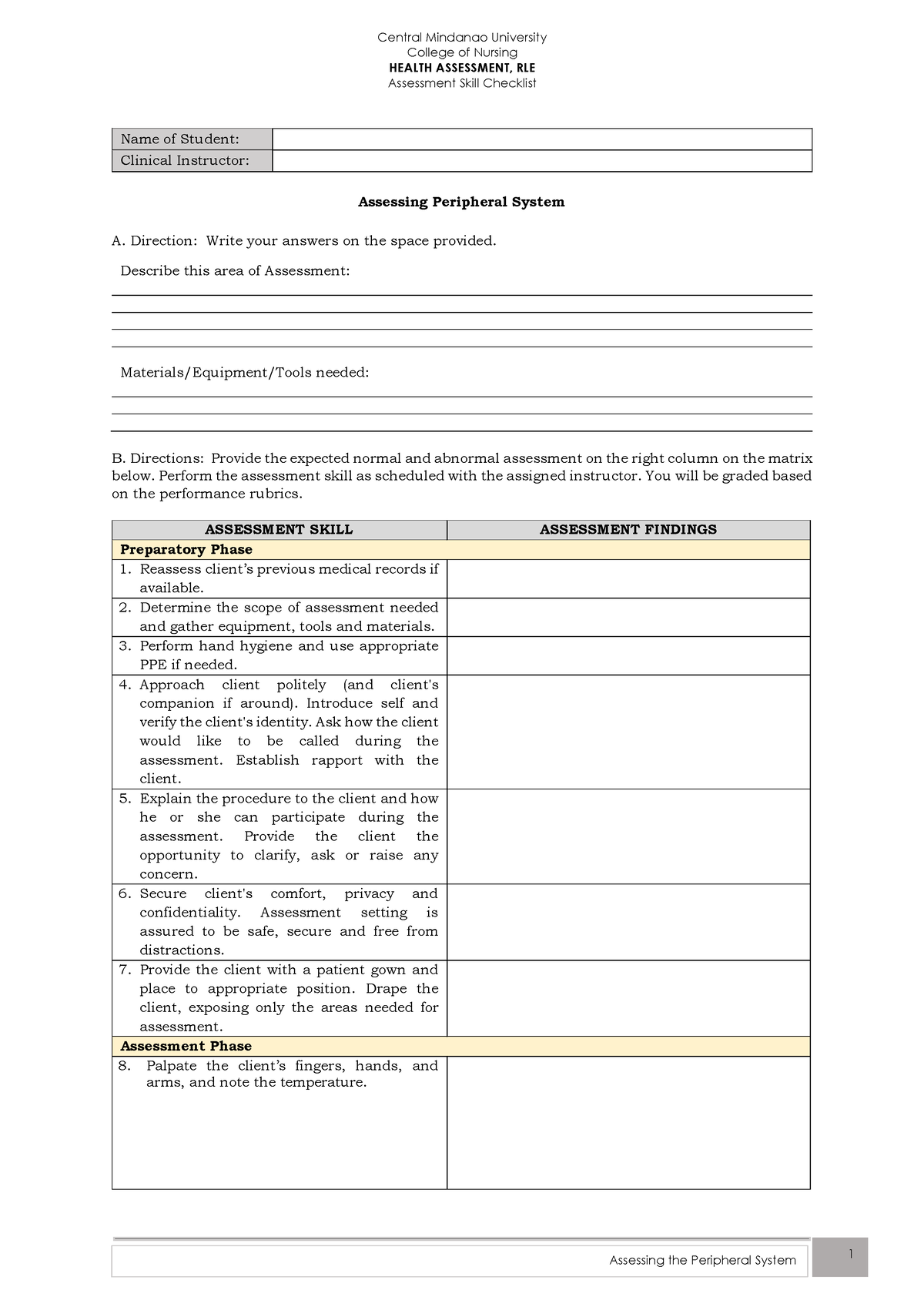 FT 1 Assessing Peripheral System Checklist - College of Nursing HEALTH ...