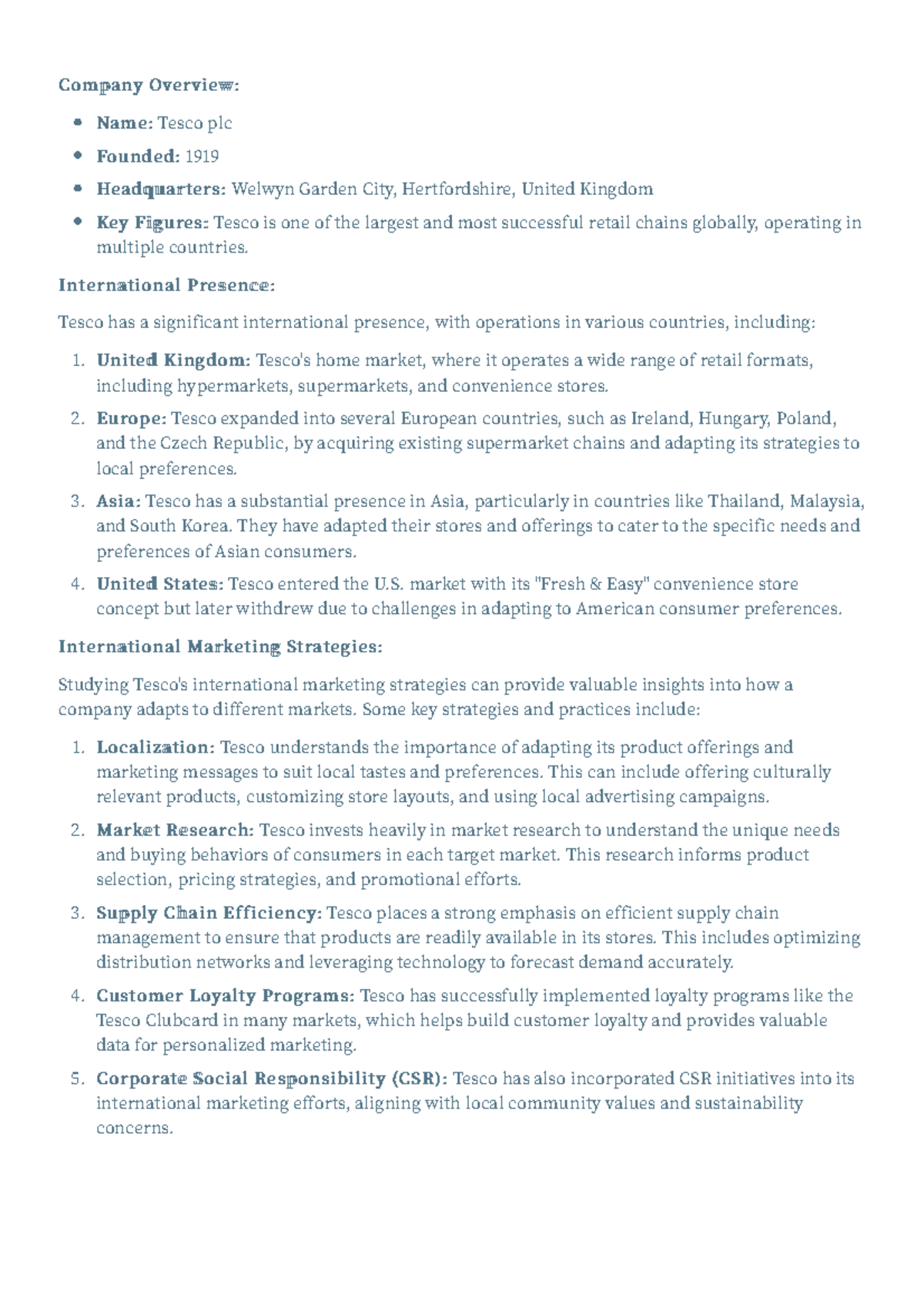 Company Overview tesco Company Overview NameName