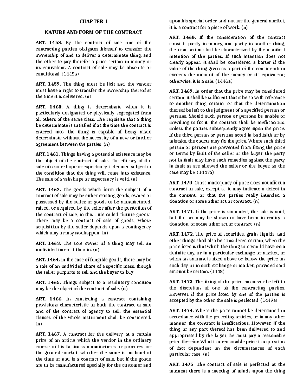 Civil Code of the Philippines 1458 1637 - CHAPTER 1 NATURE AND FORM OF ...