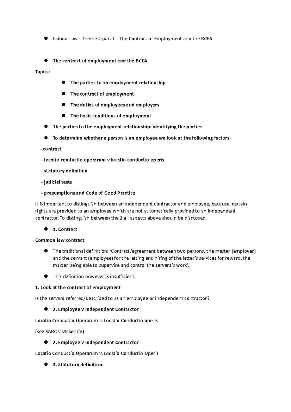Labour Law - Theme 2 Notes (part 1) - Labour Law - Theme 2 part 1 - The ...