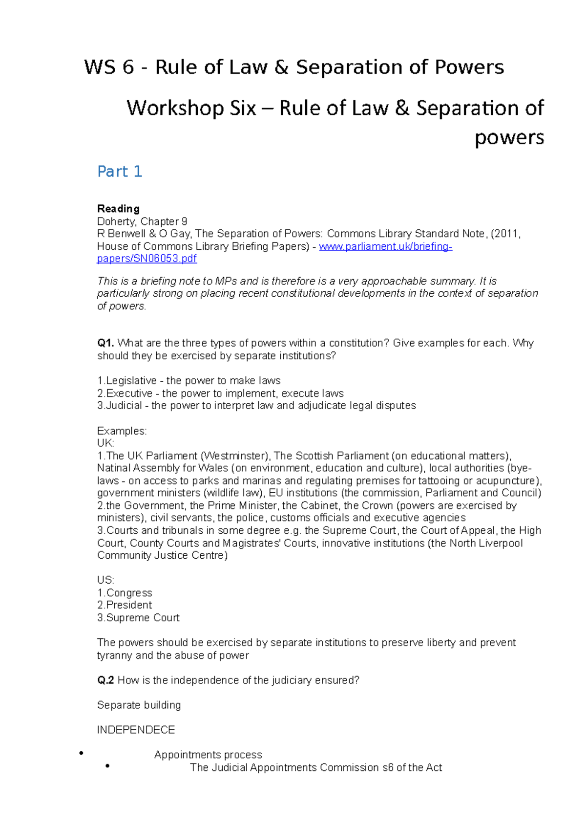 Ws 6 - Rule Of Law & Separation Of Powers - Ws 6 - Rule Of Law 