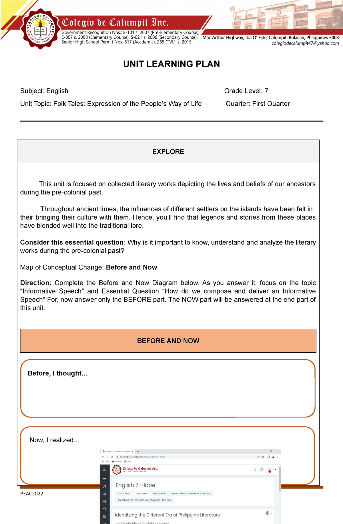 UNIT Learning PLAN Gr - LESSON PLAN ENGLISH 7 - UNIT LEARNING PLAN ...