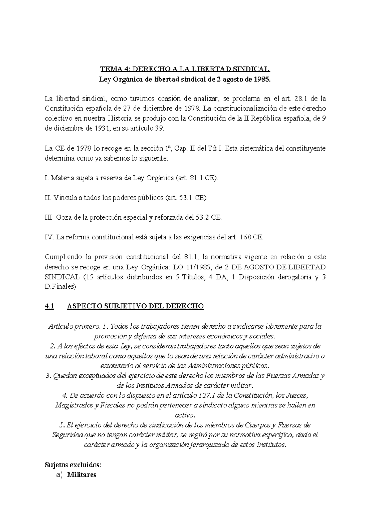 TEMA 4 - Derecho Colectivo - TEMA 4: DERECHO A LA LIBERTAD SINDICAL Ley ...