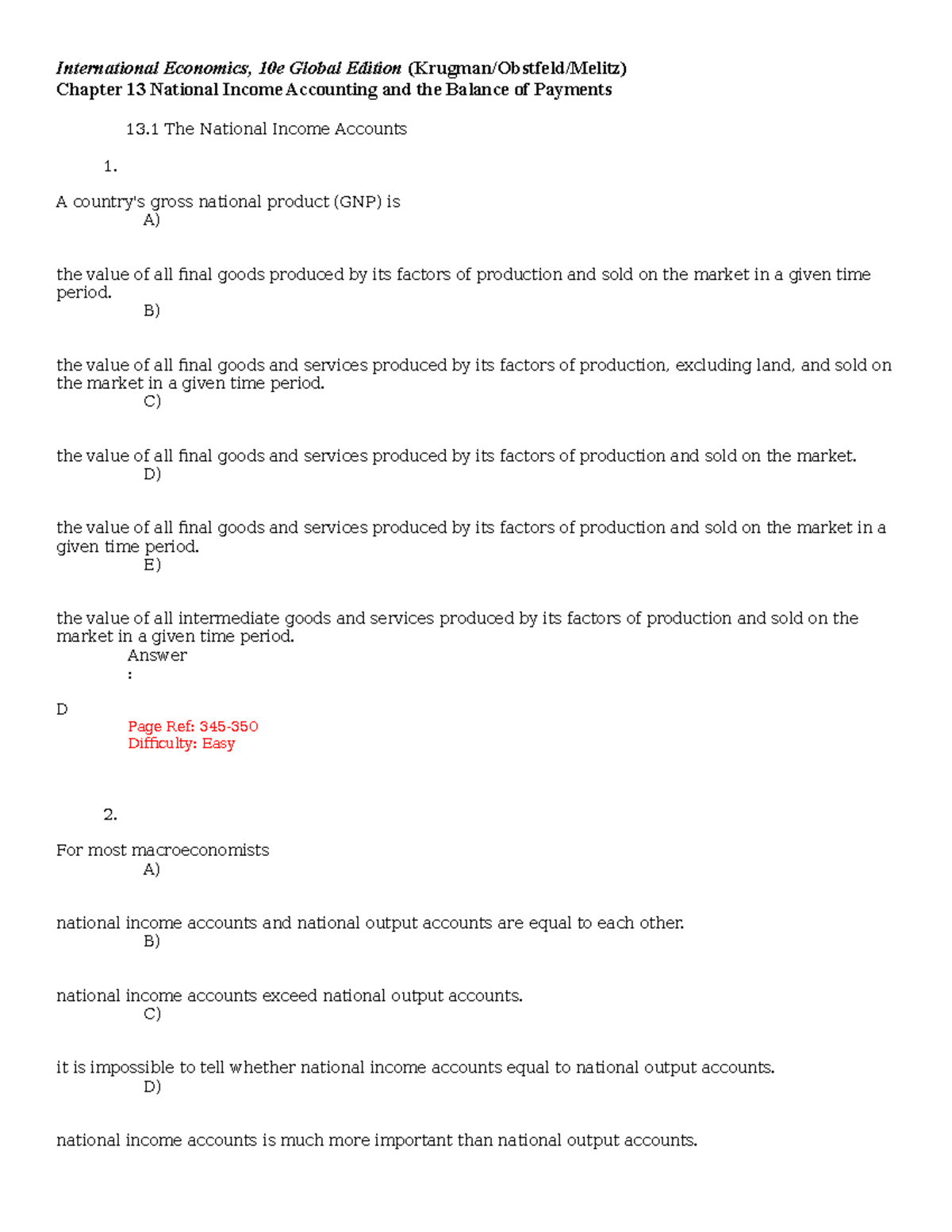 Test Bank 13 Tif - Multiple Choice Questions - International Economics ...