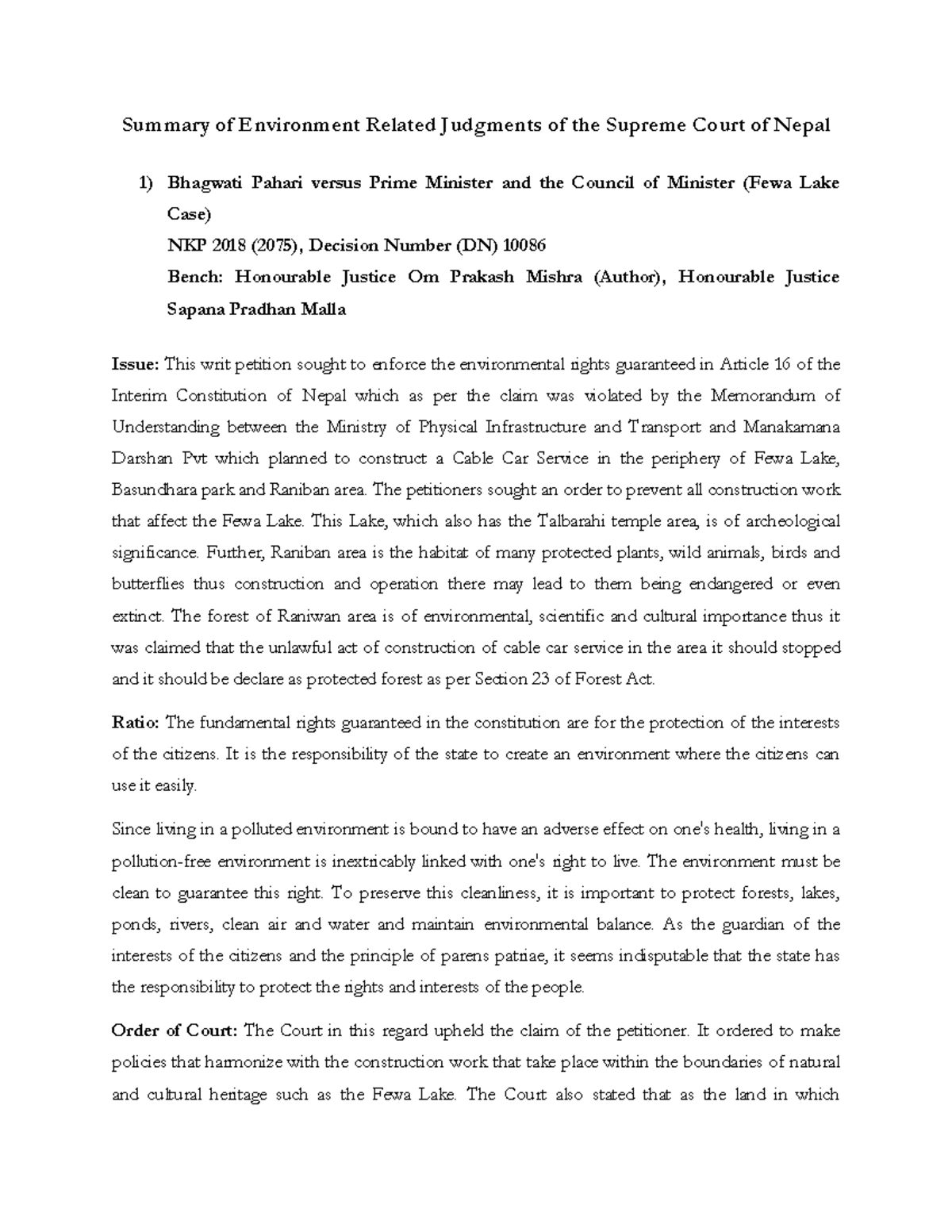 SC Compiled Cases Environment Nepal Summary of Environment Related