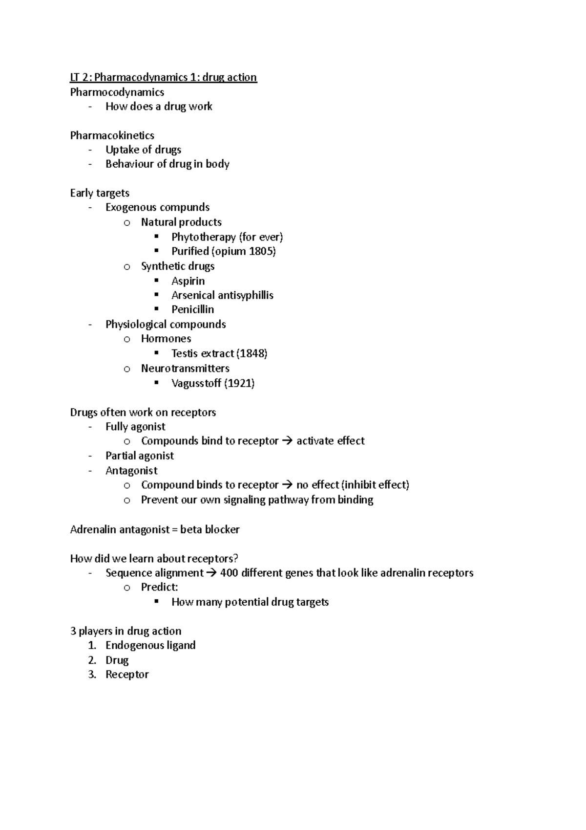 Aantekeningen college - LT 2: Pharmacodynamics 1: drug action ...