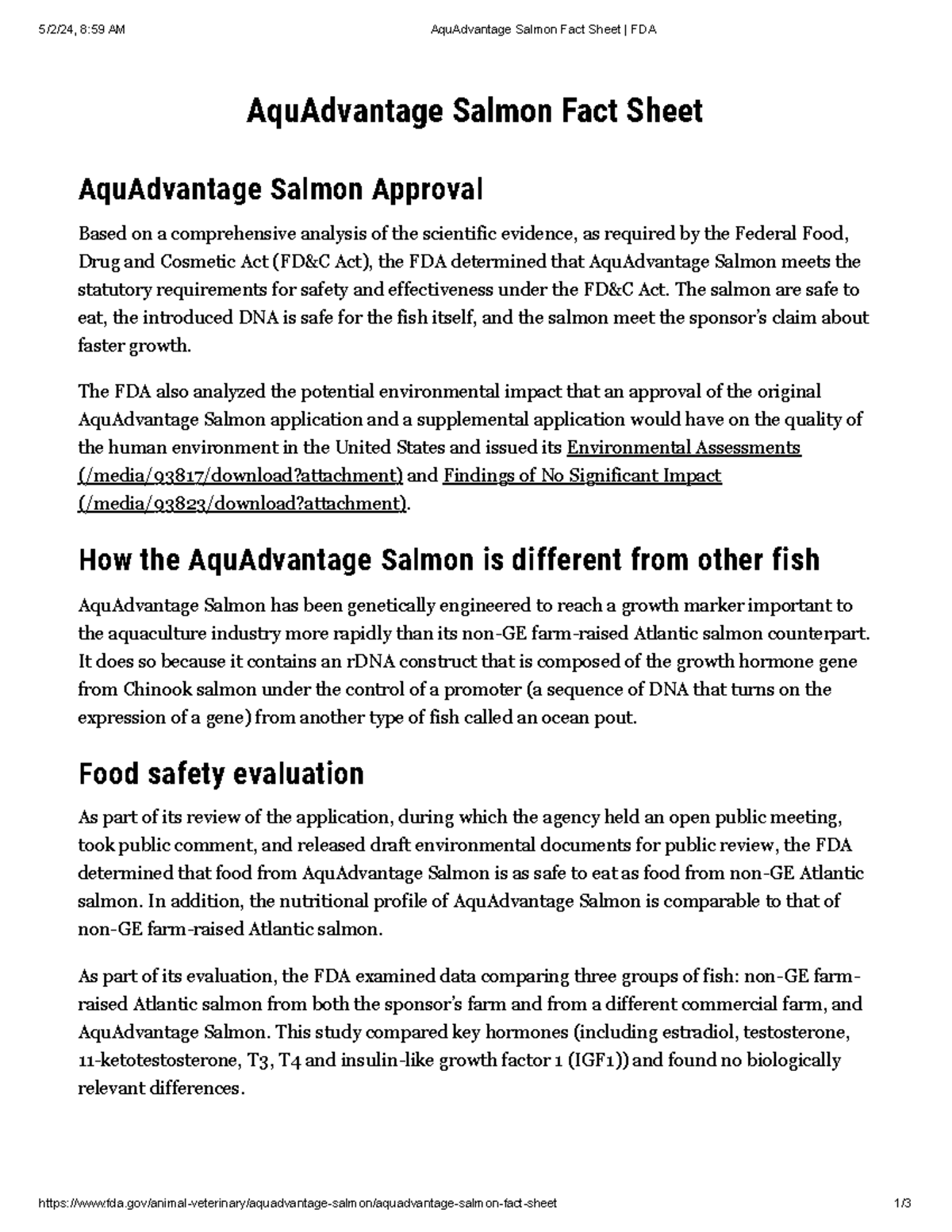 Aqu Advantage Salmon Fact Sheet FDA AquAdvantage Salmon Fact Sheet