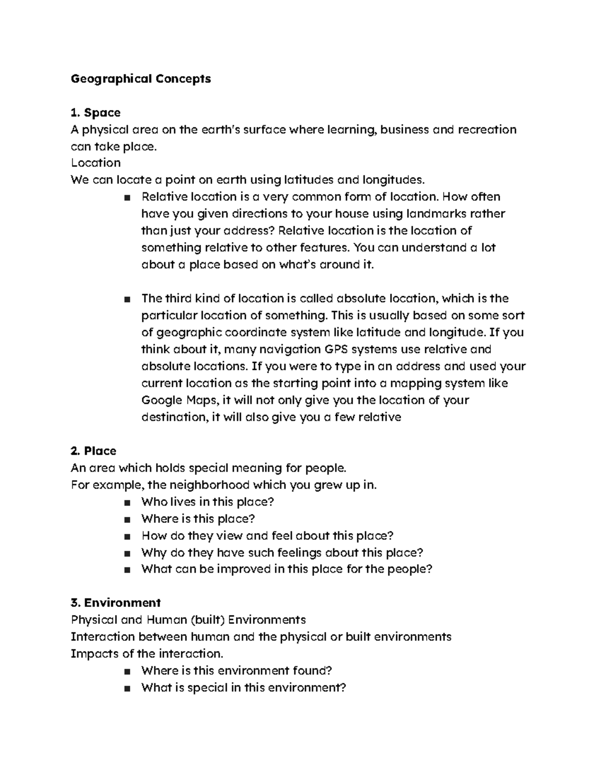 Human Geography Geographical Concepts Space A physical area on the earth's surface where