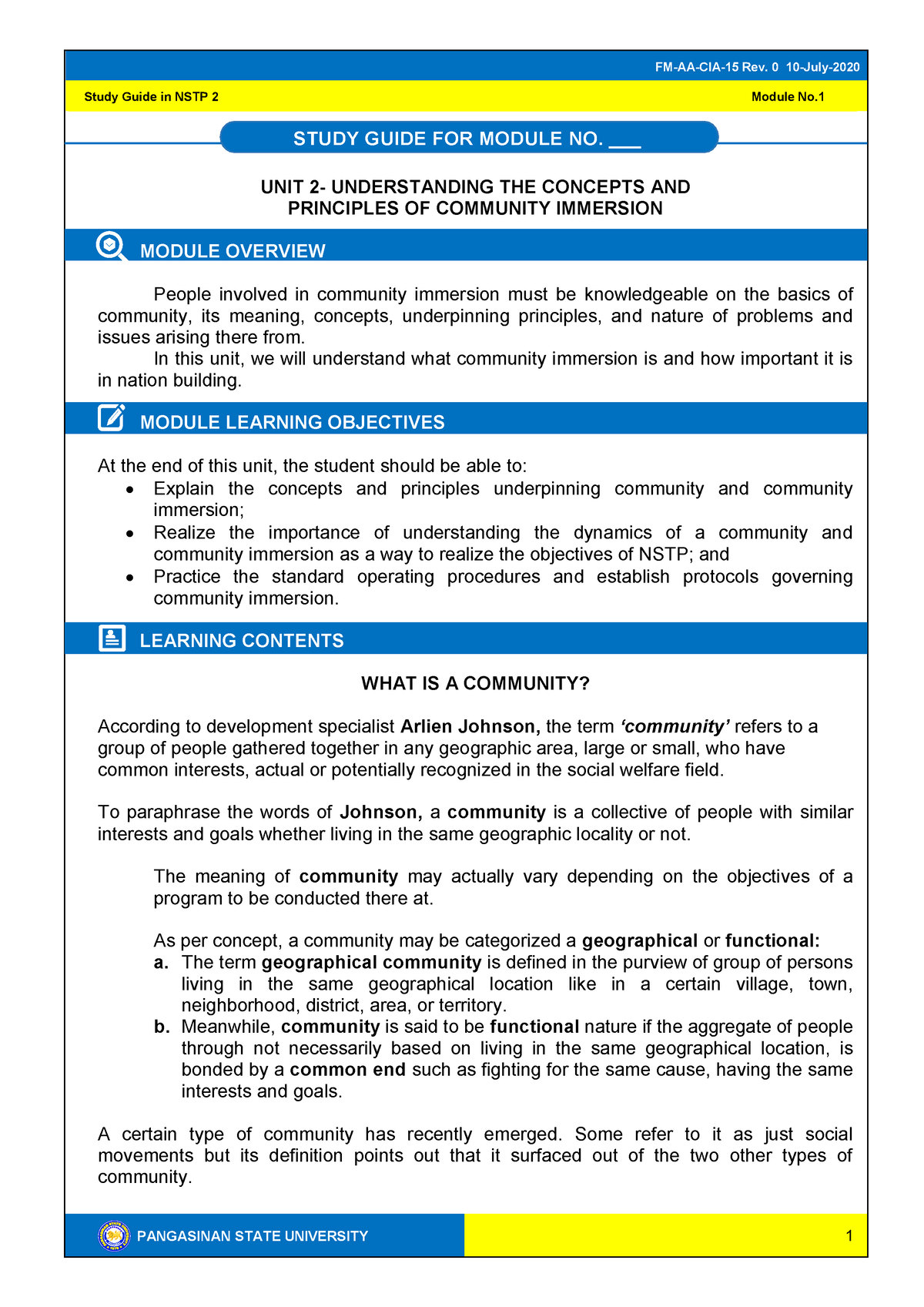 NSTP II - Study Guide for Module 2 - PANGASINAN STATE UNIVERSITY Study ...