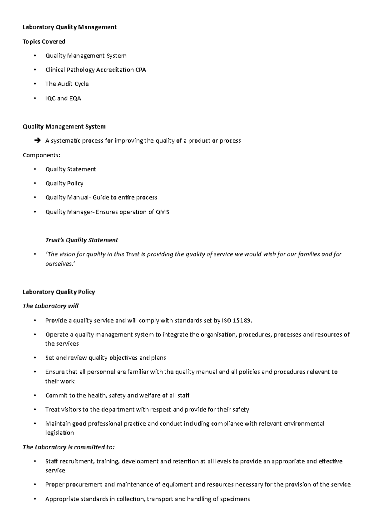 Laboratory Management notes Laboratory Quality Management Topics Covered Quality Management