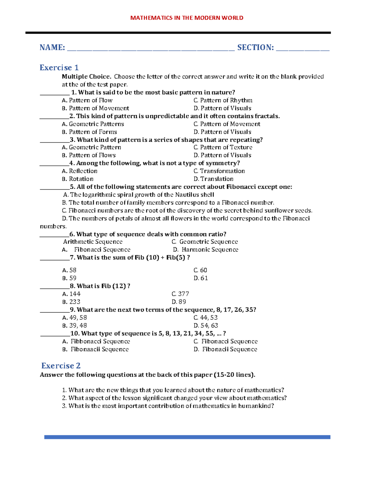 WEEK2 Activity - GOOD - MATHEMATICS IN THE MODERN WORLD NAME: - Studocu