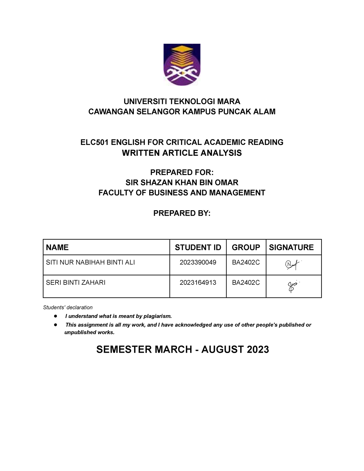 ELC501 Written Article Analysis - English For Critical Academic Reading ...