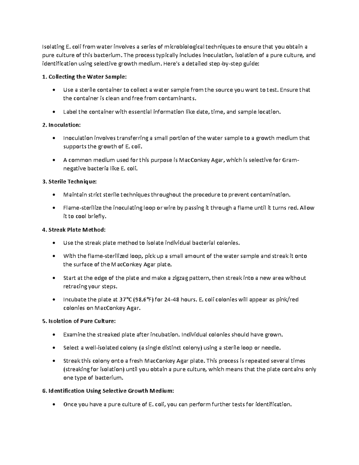 Isolating Ecoli - notes - Isolating E. coli from water involves a ...