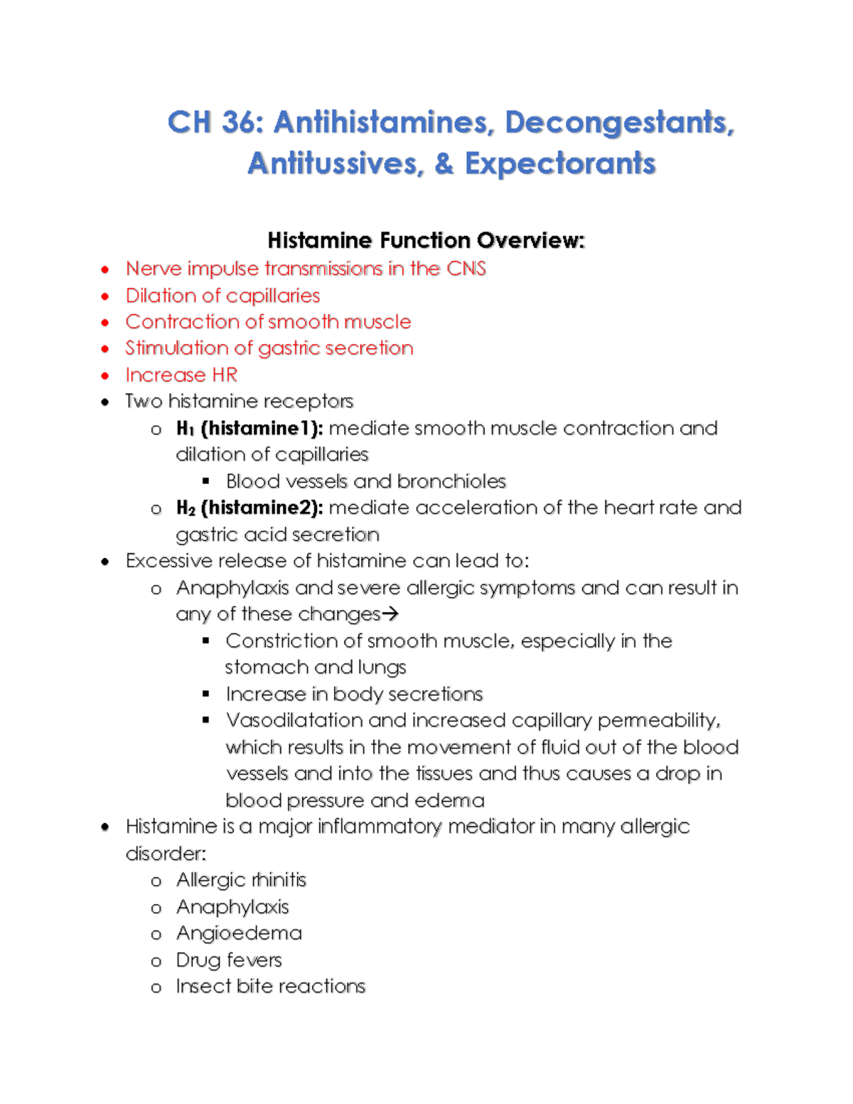 WK9 Pharm 2 Notes - CH 36: Antihistamines, Decongestants, Antitussives ...