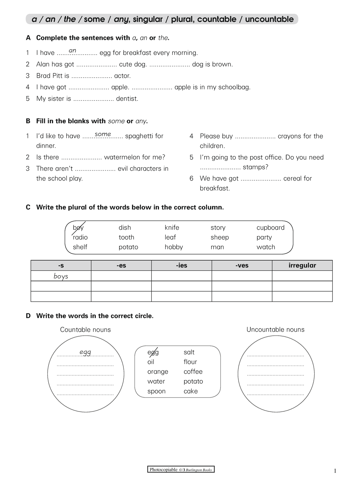 Grammar AAn The 18820 - Photocopiable © B Burlington Books 1 B Fill in ...