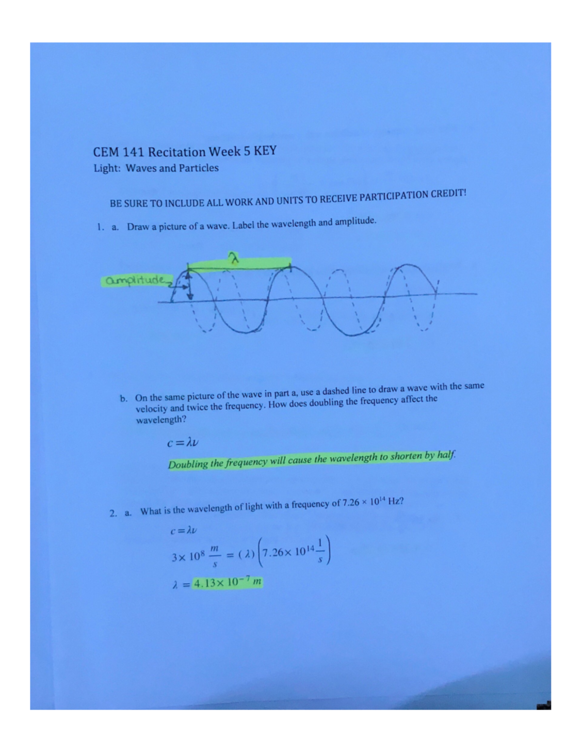 CEM 141 Recitation 5 - CEM 141 - CEM 141 Recitation Week 5 KEY Light ...