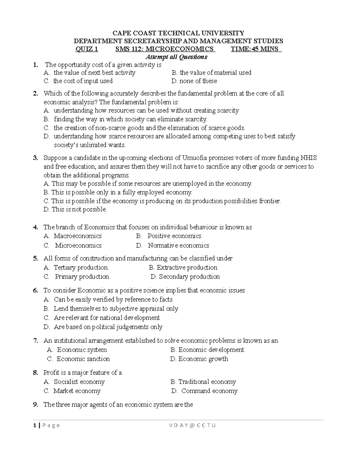 First Quiz sec1 econs 2022 - CAPE COAST TECHNICAL UNIVERSITY DEPARTMENT ...