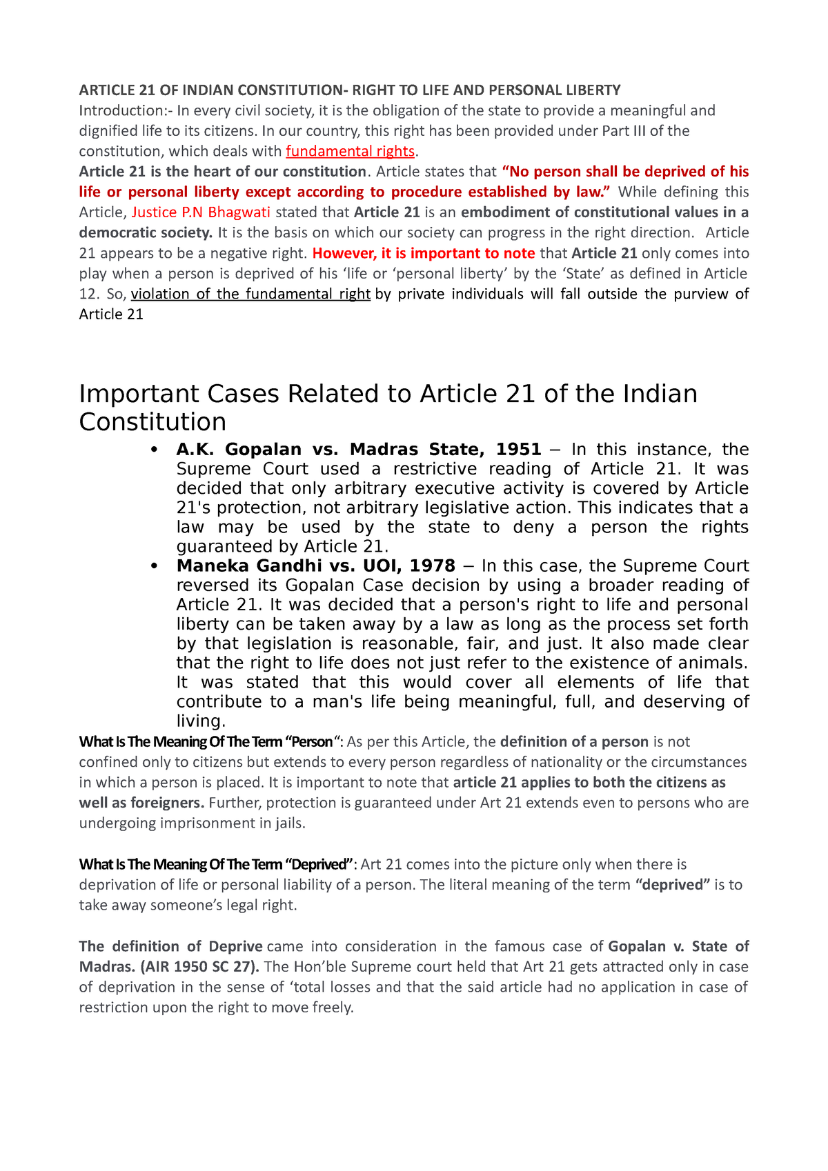 essay on article 21 of indian constitution