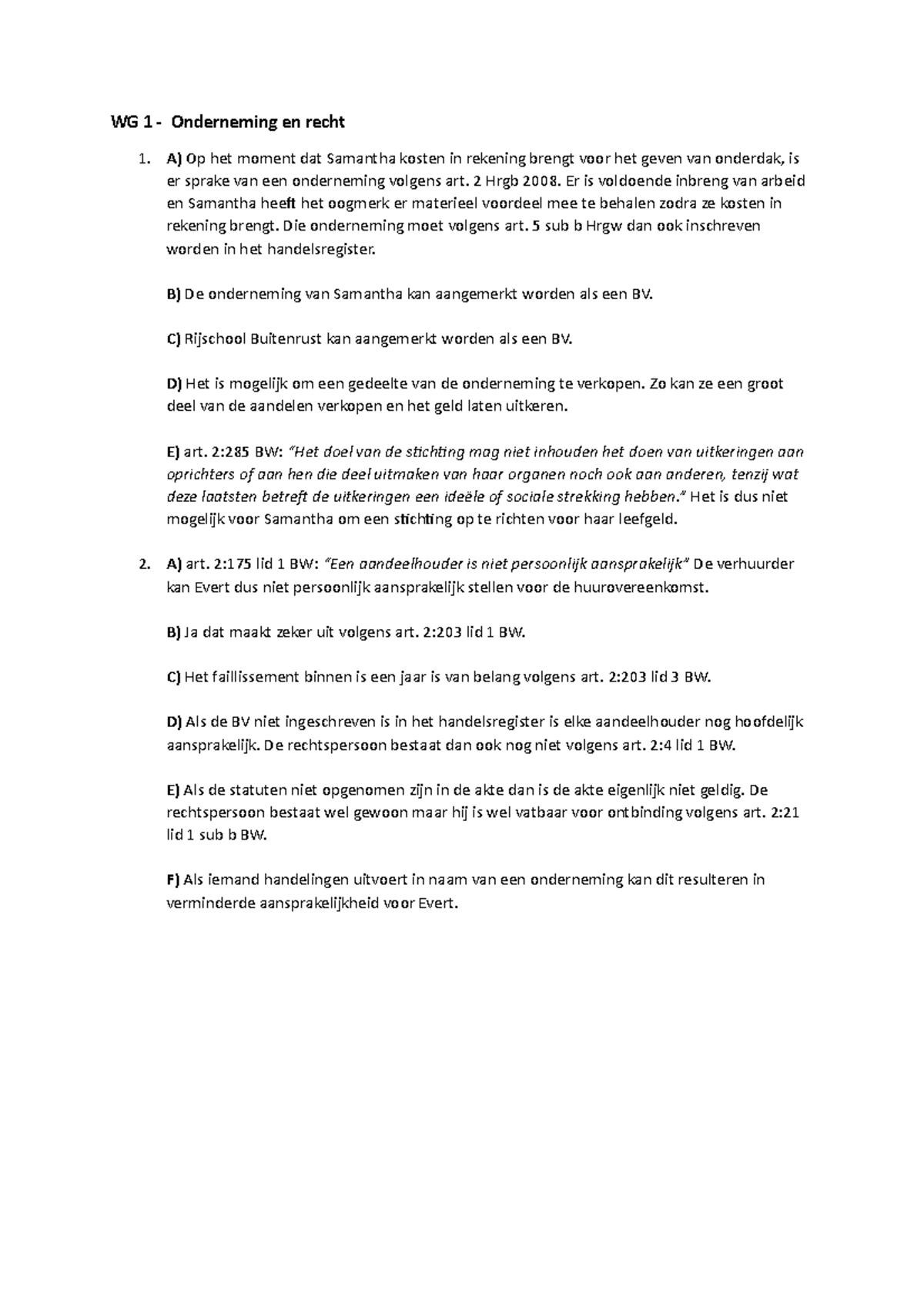 WG 1 Onderneming En Recht - WG 1 - Onderneming En Recht A) Op Het ...