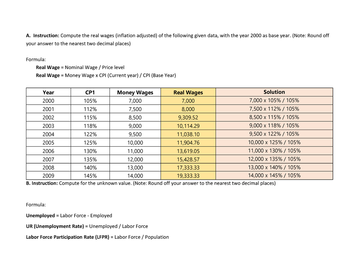 Activity on Real Wages - A. Instruction: Compute the real wages ...