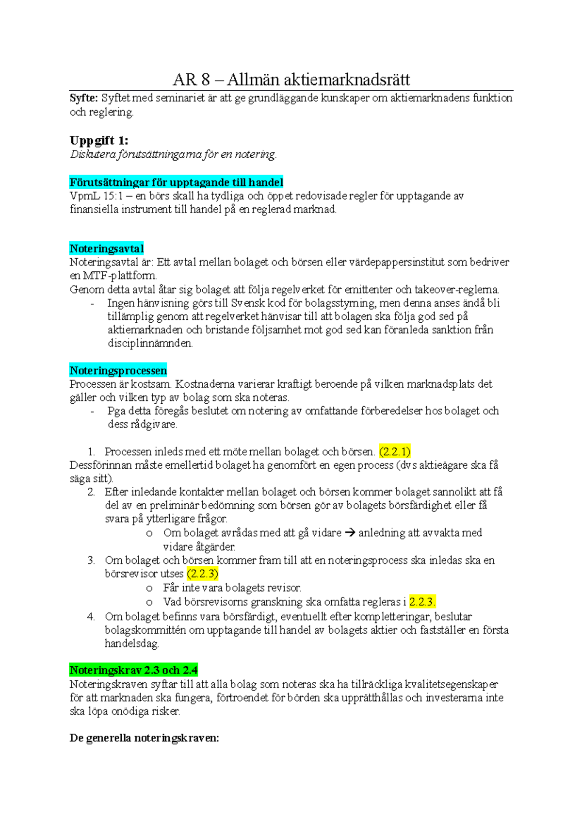 AR-8 - Associationsrätt 8 - AR 8 – Allmän Aktiemarknadsrätt Syfte ...