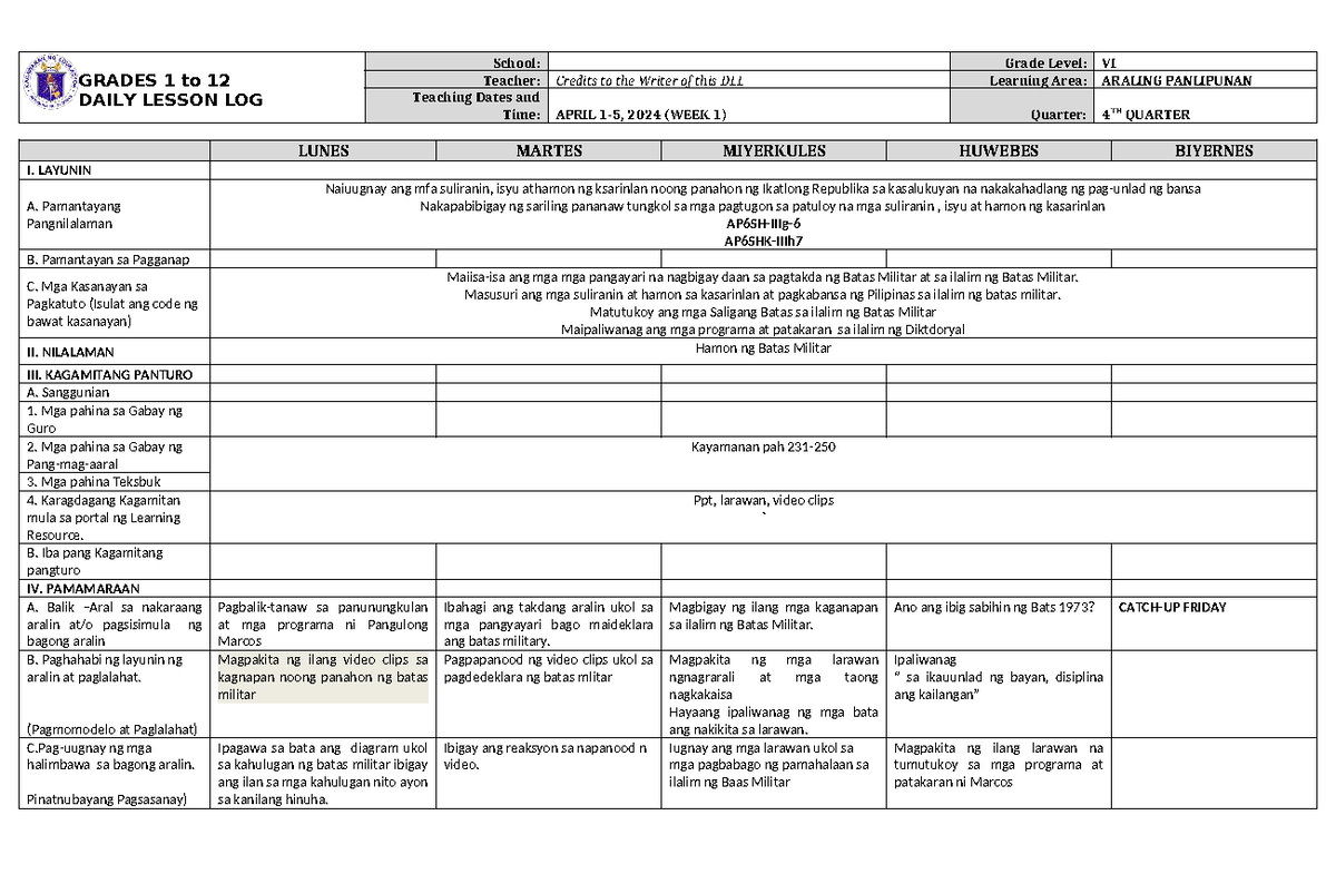 Dll Araling Panlipunan 6 Q4 W1 Grades 1 To 12 Daily Lesson Log School Grade Level Vi Teacher 7199