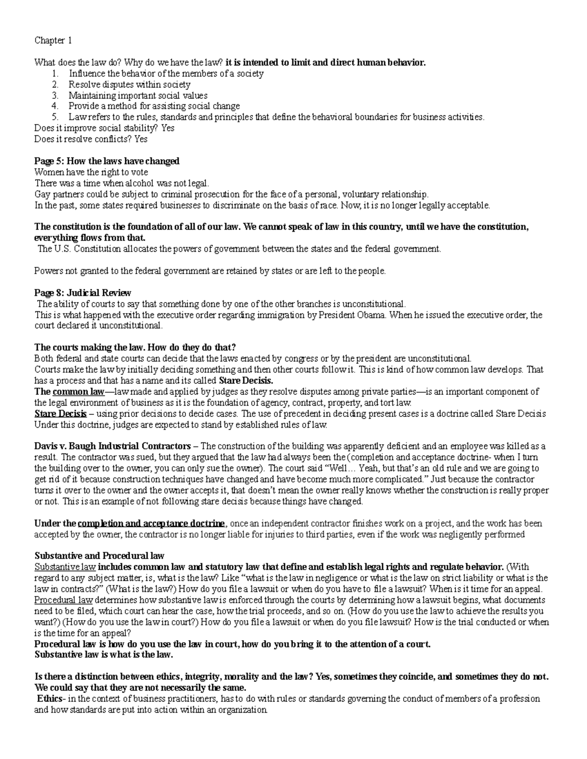 BLAW Exam 1 review - notes - Chapter 1 What does the law do? Why do we ...
