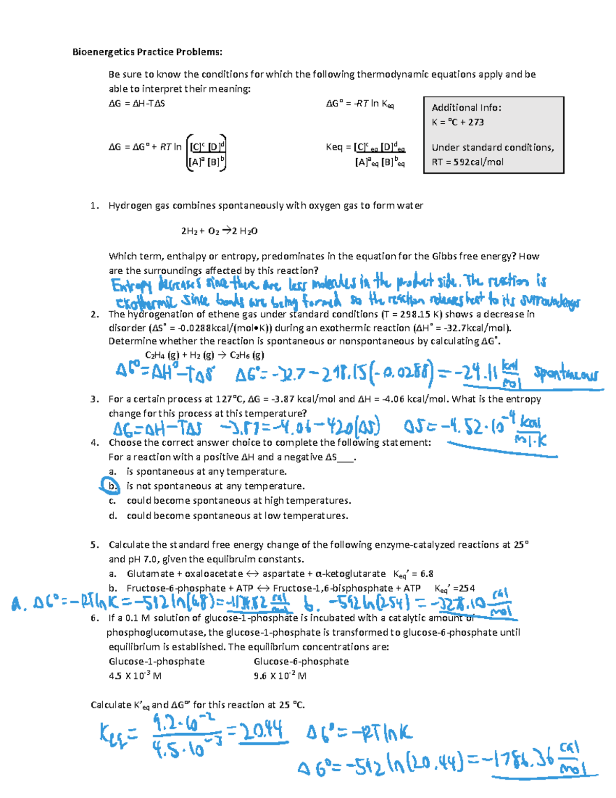 Bioenergetics Practice Problems Assignment - Bioenergetics Practice ...