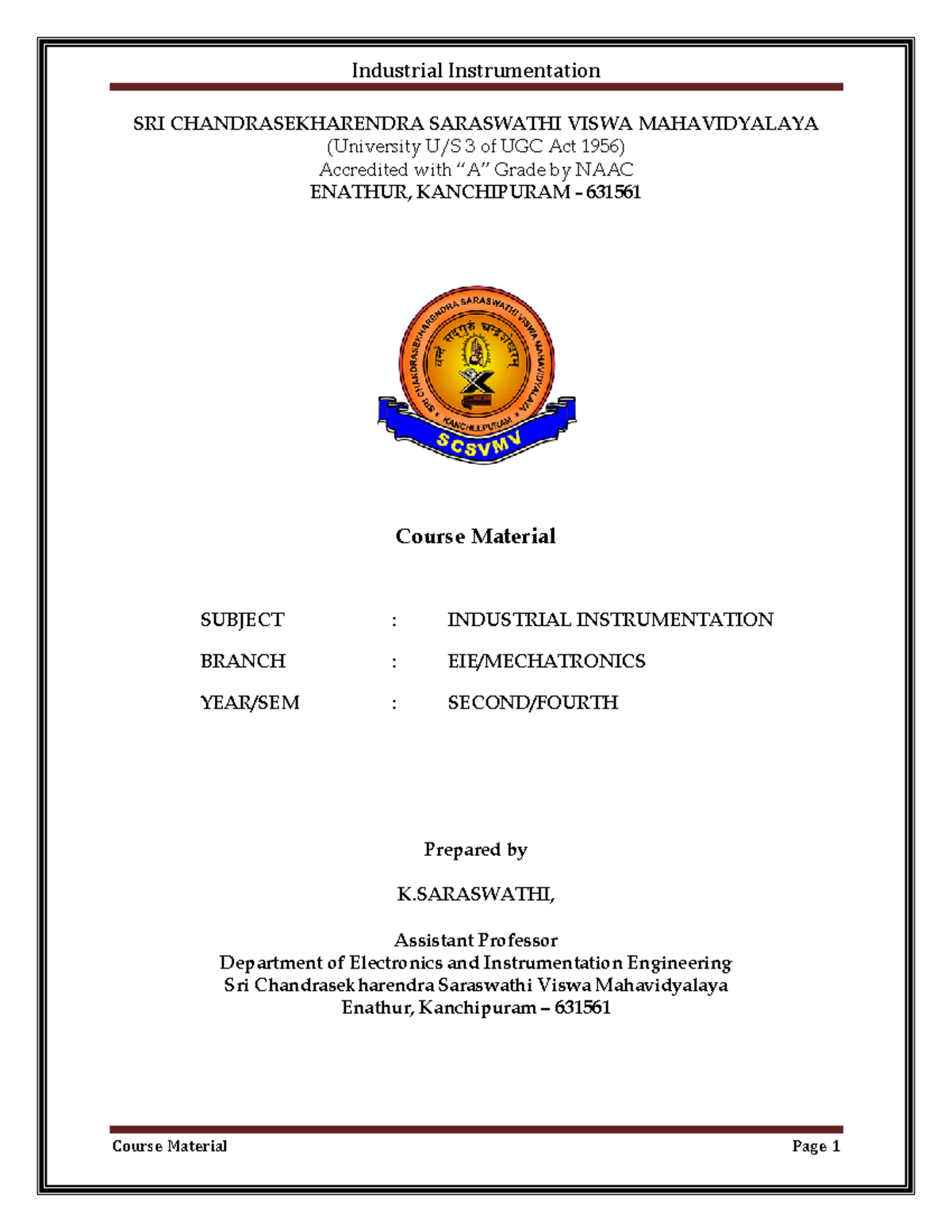 Industrial Instrumentation K Saraswathi - SRI CHANDRASEKHARENDRA ...