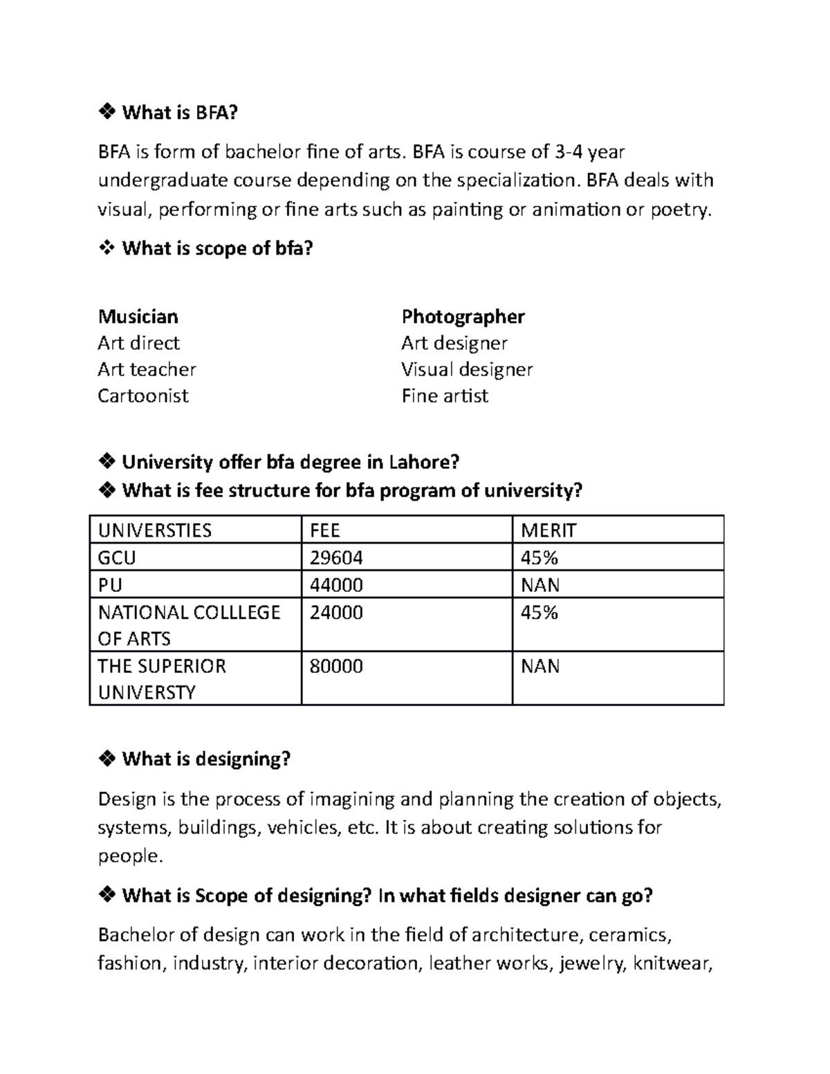 What is BFA Lecture noLecture notestes What is BFA? BFA is form of