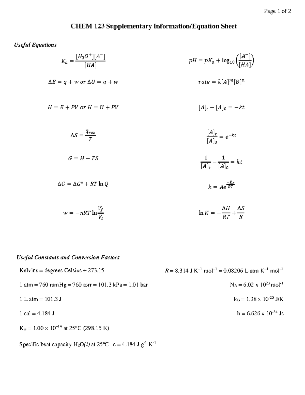 2022W2 CHEM 123 Formula Sheet - Page 1 of 2 CHEM 123 Supplementary ...