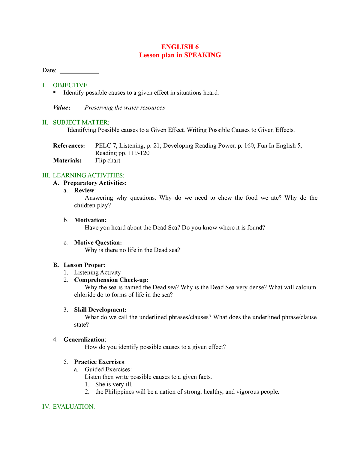 Lesson plan in speaking - ENGLISH 6 Lesson plan in SPEAKING Date ...