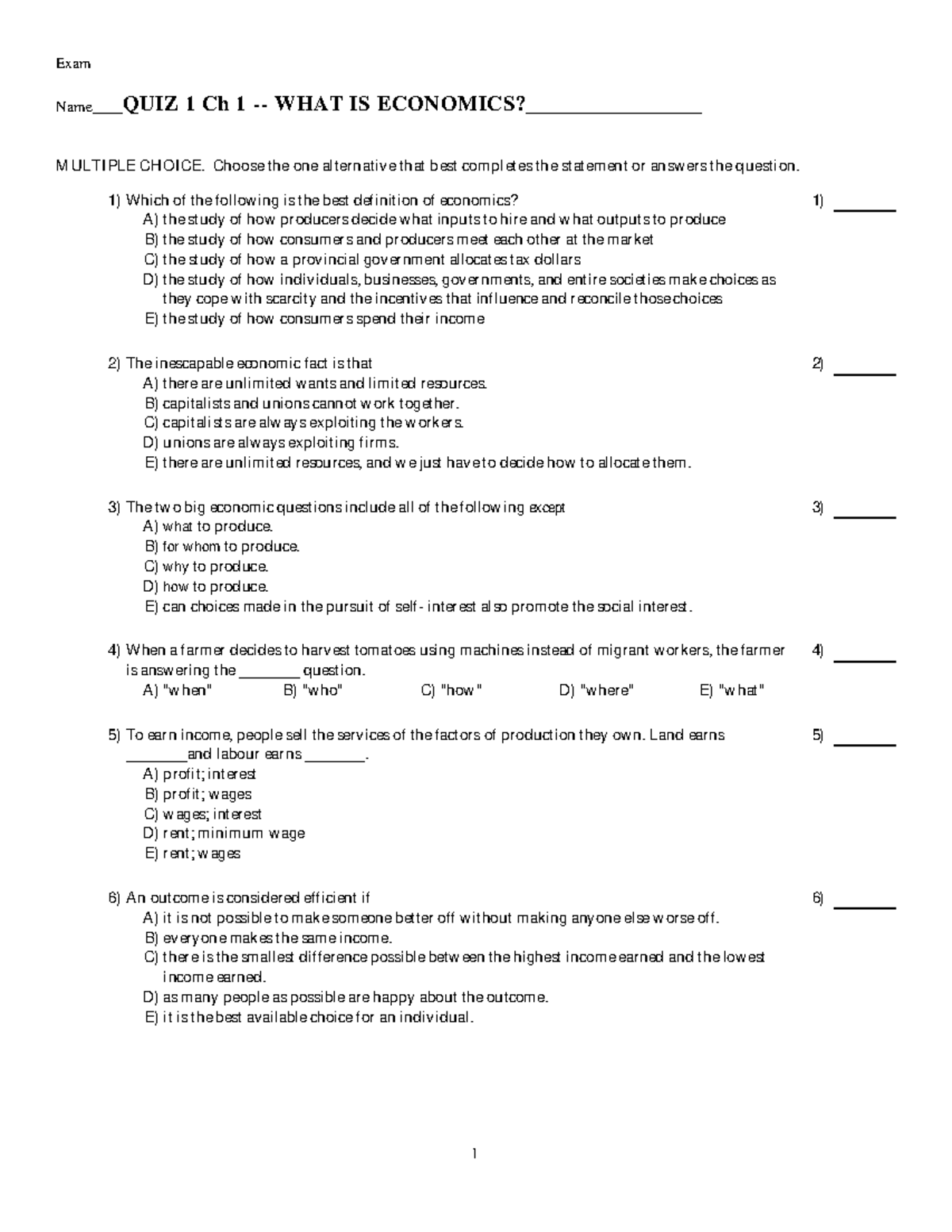 [PRACTICE QUIZ 1] Ch 1 - What Is Economics? - Exam Name____QUIZ 1 Ch 1 ...