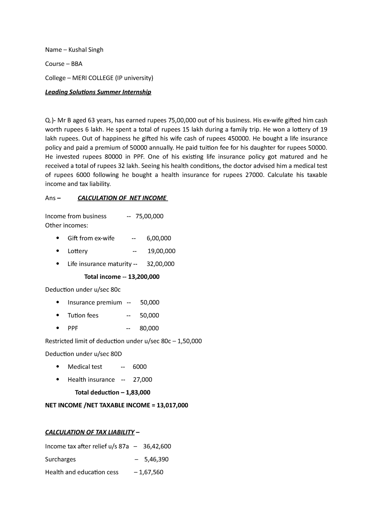 Taxable Income - Name – Kushal Singh Course – BBA College – MERI ...