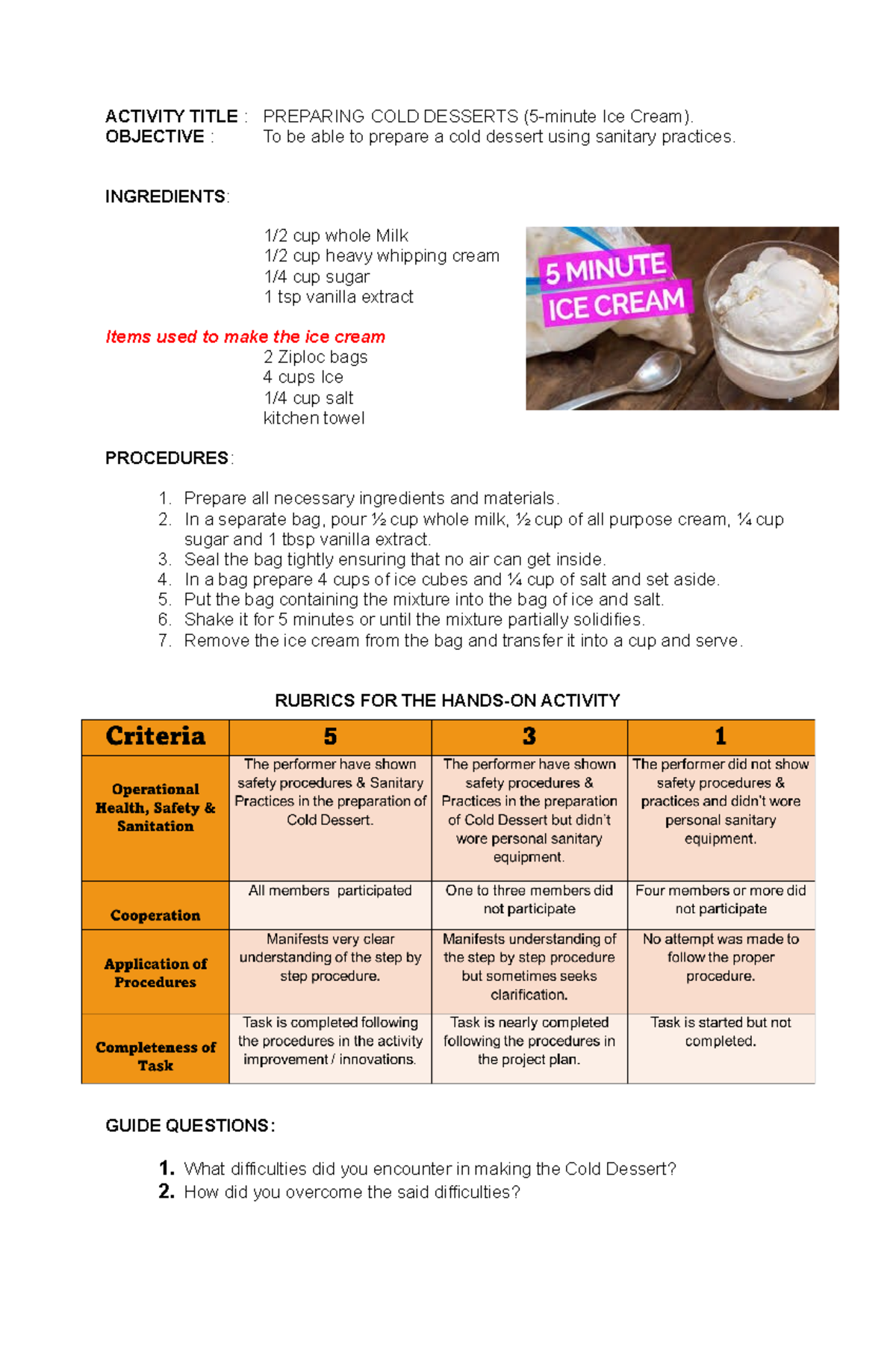 Activity Title - Cold Dessert - ACTIVITY TITLE : PREPARING COLD ...