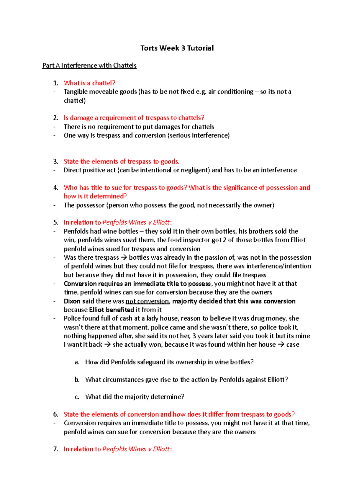 Week 3 tutorial - Torts Week 3 Tutorial Part A Interference with ...