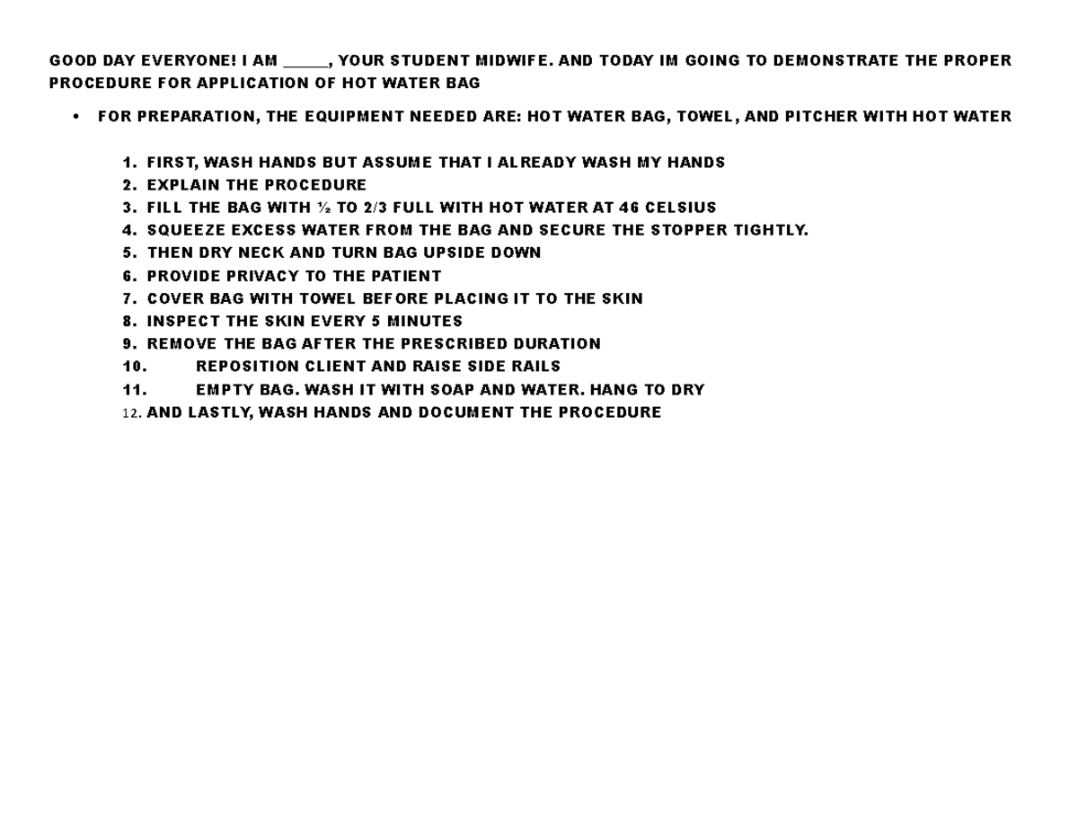 Application OF HOT Water BAG fundamentals of nursing Studocu