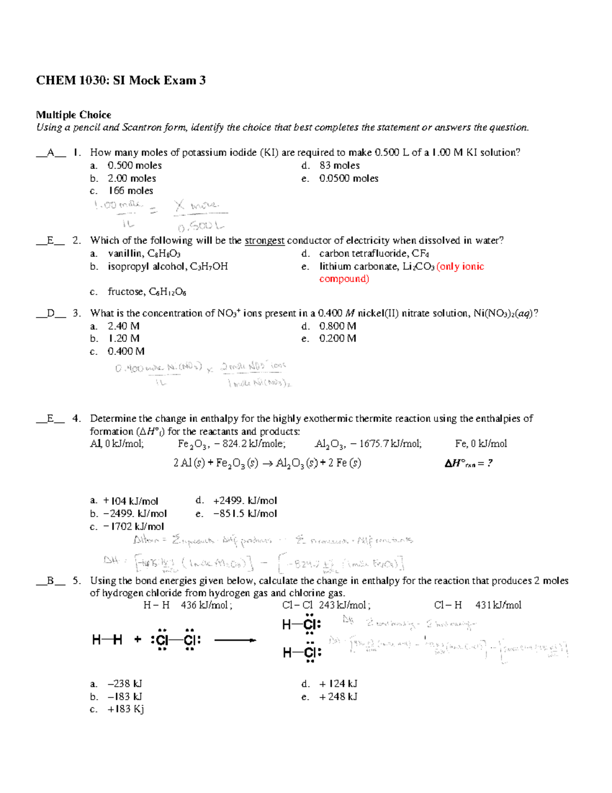 SI Mock Exam 3 Solutions - CHEM 1030: SI Mock Exam 3 Multiple Choice ...
