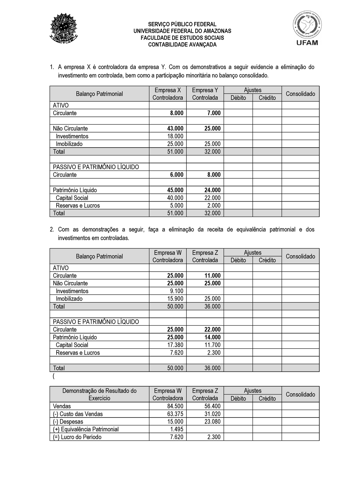 2 Exercicio Consolidacao 1 Servi Blico Federal Universidade Federal Do Amazonas Faculdade De Estudos Sociais Contabilidade Avan Ada Empresa Controladora Da Studocu