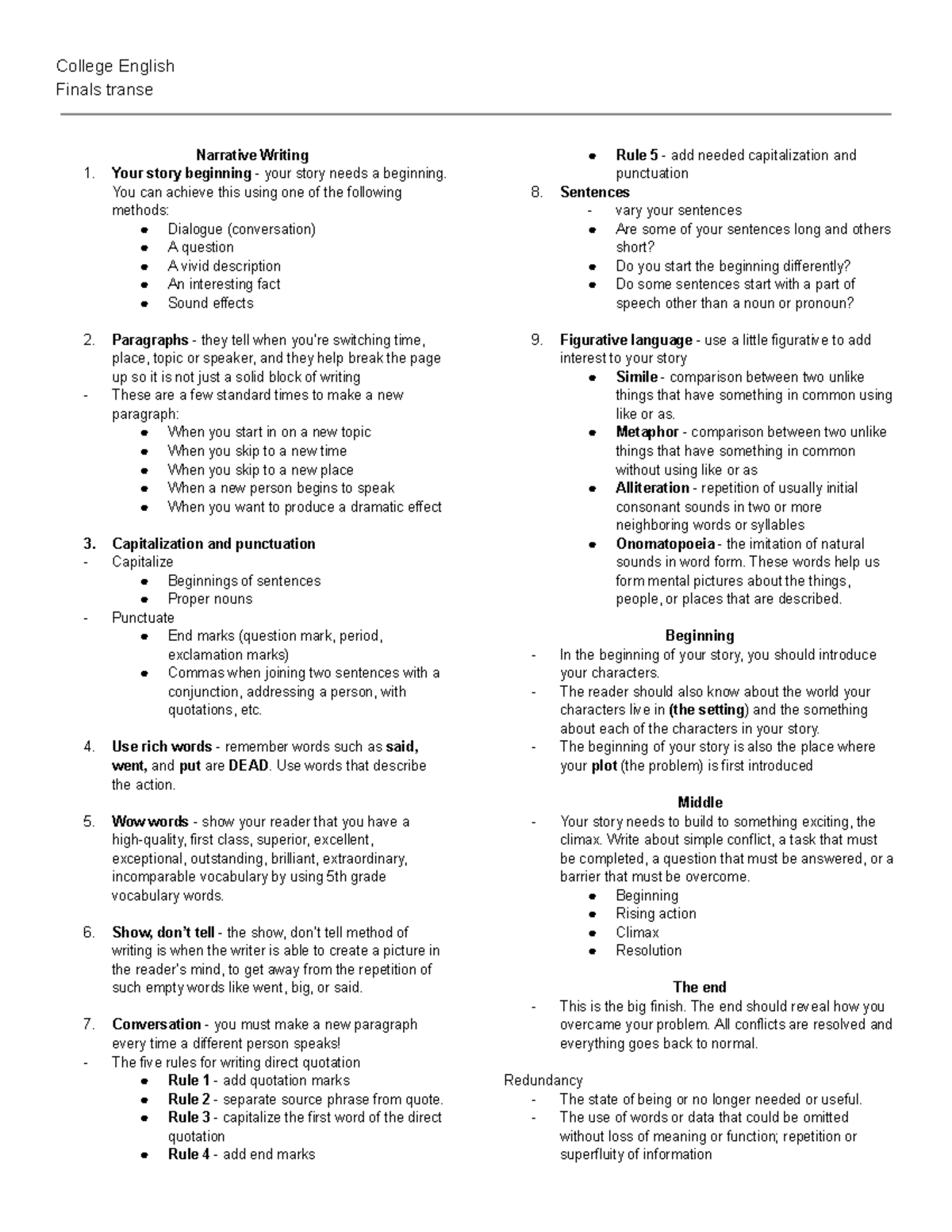 English - finals transes - Finals transe Narrative Writing 1. Your ...